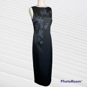 Y2K Long Silky Black Dress with Beaded Grey Floral Design
